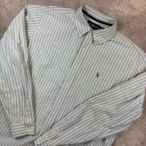Ralph Lauren Button Down Shirt Mens XL Blue Grey Pinstripes Flesh Pony Preppy